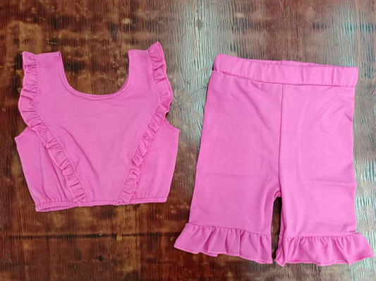 4.24 Preorder moq 5 Baby Girls Pink Sleeveless Ruffle Vest Top Mite Shorts Set