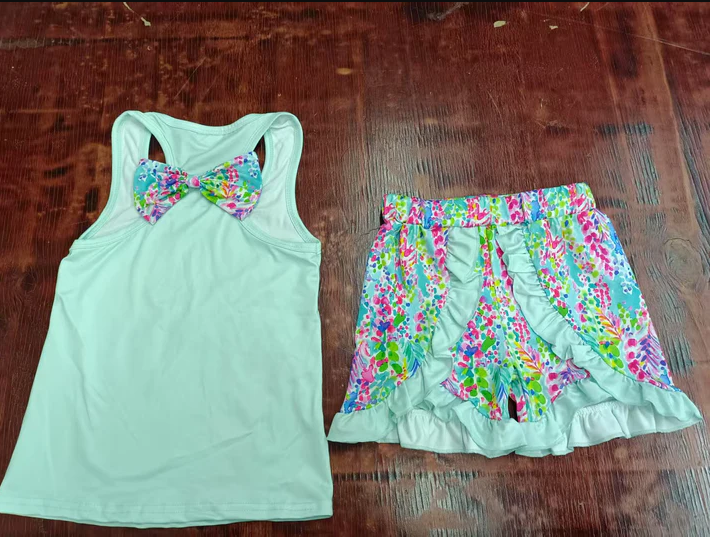 4.24 Preorder moq 5 Baby Girls Aqua Sleeveless Watercolor Floral Bow Vest Top Ruffle Shorts Set