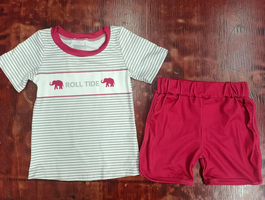 4.25 Preorder moq 5 Baby Boys Short Sleeves Stripe Roll Tide Top Red Short Set