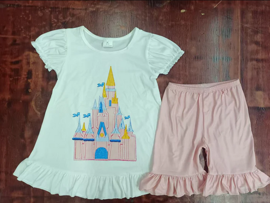 4.25 Preorder moq 5 Baby Girls Short Ruffle Sleeves Castle Tunic Pink Short Set