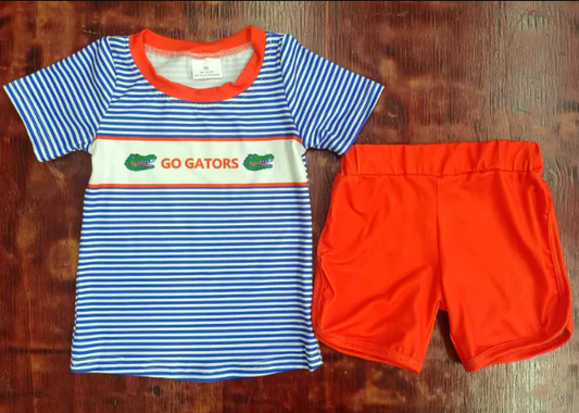 4.25 Preorder moq 5 Baby Boys Short Sleeves Blue Stripe Go Gators Top Orange Short Set