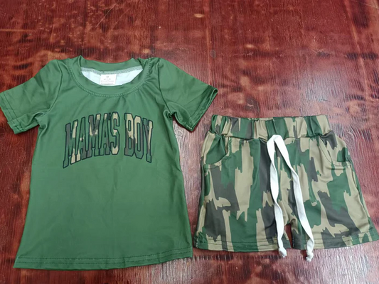 4.25 Preorder moq 5 Baby Boys Dark Green Short Sleeves Camo Mama's Boy Top Pockets Short Set