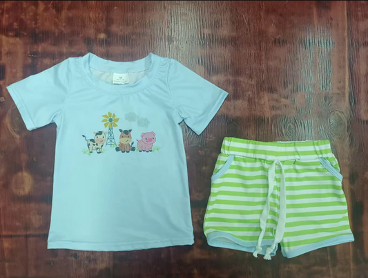 4.25 Preorder moq 5 Baby Boys Blue Short Sleeves Cows Pigs Top Green Stripe Pockets Short Set