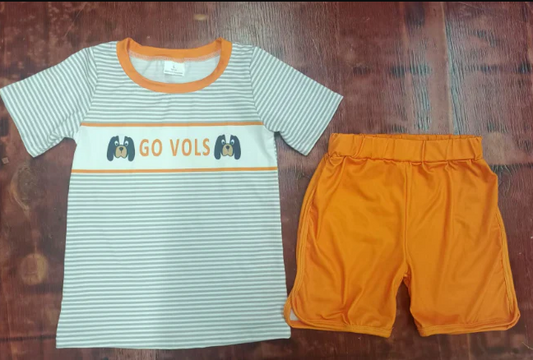4.25 Preorder moq 5 Baby Boys Short Sleeves Go Vols Stripe Top Orange Short Set