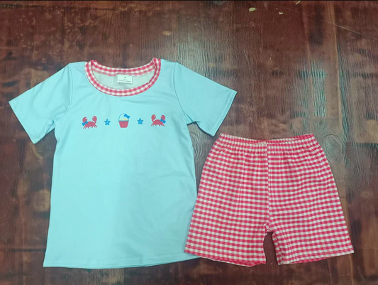 4.25 Preorder moq 5 Baby Boys Blue Short Sleeves Crabs Beach Top Red Plaid Short Set