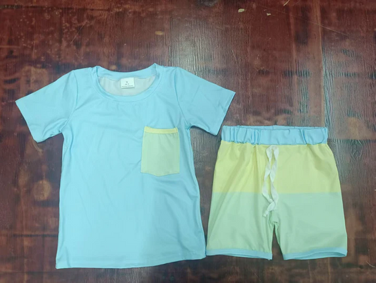 4.25 Preorder moq 5 Baby Boys Blue Short Sleeves Pocket Top Yellow Short Set