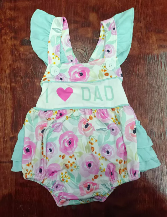 4.25 Preorder moq 5 Baby Girls Aqua Flutter Sleeves I Love Dad Flowers Ruffle Rompers