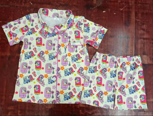 4.25 Preorder moq 5 Baby Boys Short Sleeves Button Pocket Cartoon Dogs Top Short Pajamas Set