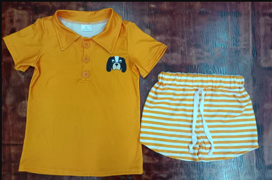 4.25 Preorder moq 5 Baby Boys Yellow Short Sleeves Button Dog Top Stripe Short Set