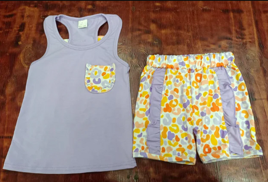 4.25 Preorder moq 5 Baby Girls Lavender Sleeveless Pocket Top Colorful Leopard Ruffle Short Set