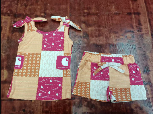 4.25 Preorder moq 5 Baby Girls Strap Floral Plaid Top Pockets Short Set