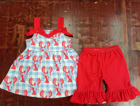 4.25 Preorder moq 5 Baby Girls Red Strap Crayfishes Bows Tunic Ruffle Short Set