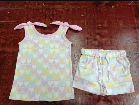 4.25 Preorder moq 5 Baby Girls Pink Bows Sleeveless Colorful Hearts Plaid Top Pockets Short Set