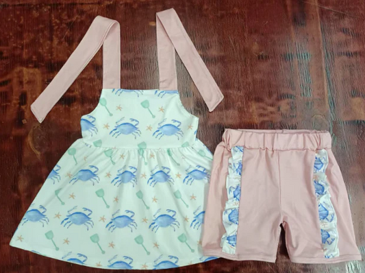 4.25 Preorder moq 5 Baby Girls Peach Strap Crabs Starfishes Tunic Ruffle Short Set