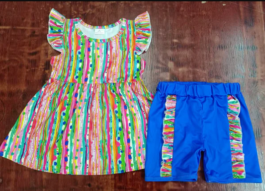 4.25 Preorder moq 5 Baby Girls Colorful Stripe Flutter Sleeves Tunic Hot Blue Ruffle Short Set