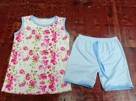 4.25 Preorder moq 5 Baby Girls Sleeveless Pink Floral Top Blue Stripe Short Set