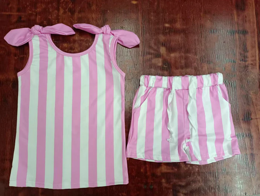 4.25 Preorder moq 5 Baby Girls Pink Bows Sleeveless Stripes Top Pockets Short Set