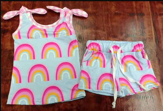 4.25 Preorder moq 5 Baby Girls Bows Sleeveless Pink Rainbows Top Pockets Short Set