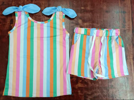 4.25 Preorder moq 5 Baby Girls Bows Sleeveless Colorful Stripe Top Pockets Short Set