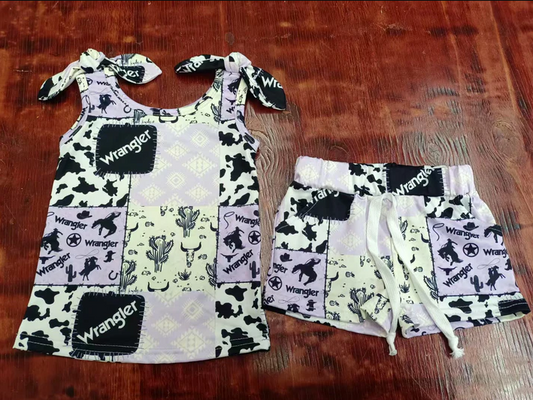 4.25 Preorder moq 5 Baby Girls Strap Cow Print Bull Skull Top Pockets Short Set