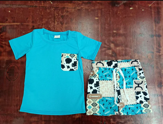4.25 Preorder moq 5 Baby Boys Blue Short Sleeves Pocket Top Cow Print Aztec Short Set