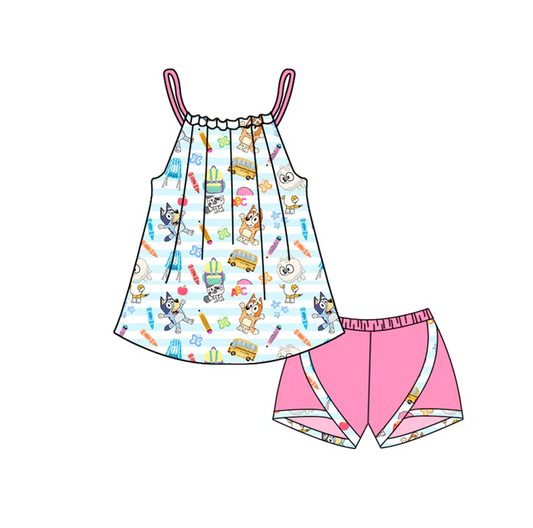 4.25 Preorder moq 5 Baby Girls Pink Strap Cartoon Dogs Pencils Tunic Short Back School Set