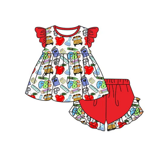 4.25 Preorder moq 5 Baby Girls Red Flutter Sleeves Apples ABC Tunic Ruffle Short Back School Set