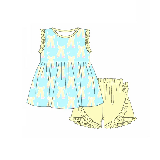 4.25 Preorder moq 5 Baby Girls Yellow Sleeveless Bows Pencils Tunic Ruffle Short Back School Set