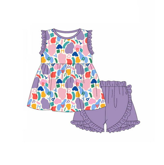 4.25 Preorder moq 5 Baby Girls Lavender Sleeveless Colorful Camo ABC Tunic Ruffle Short Back School Set
