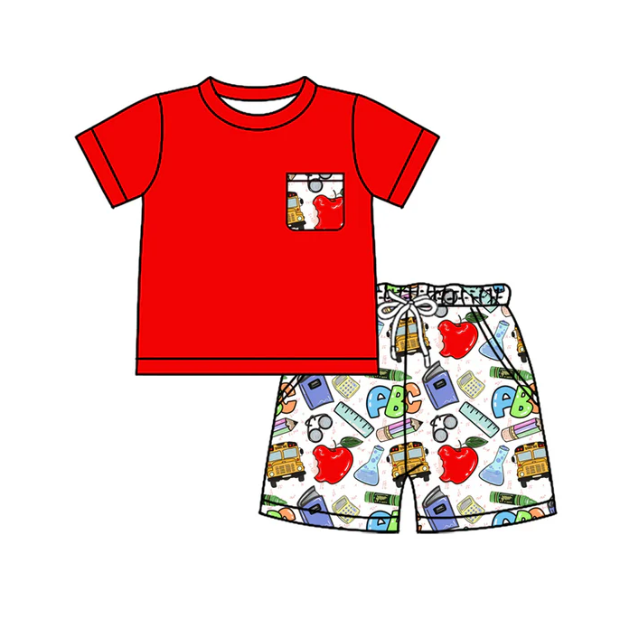 4.25 Preorder moq 5 Baby Boys Red Short Sleeves Pocket Top Apples ABC Short Back School Set