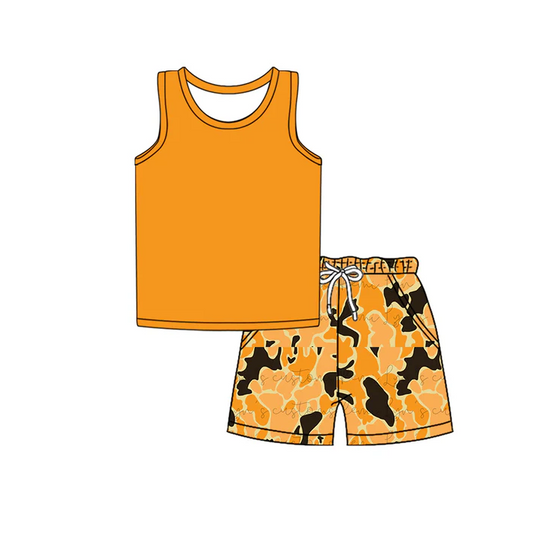 4.25 Preorder moq 5 Baby Boys Sleeveless Vest Top Orange Black Camo Short Set