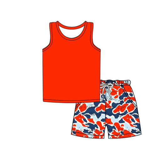 4.25 Preorder moq 5 Baby Boys Sleeveless Vest Top Red Blue Camo Short Set