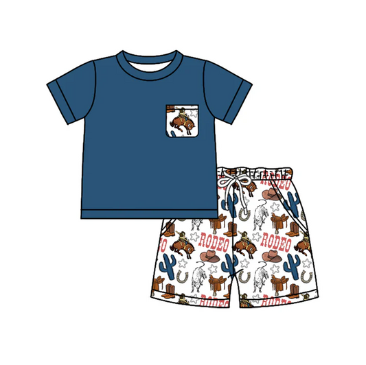 4.25 Preorder moq 5 Baby Boys Hot Blue Short Sleeves Pocket Top Horse Rodeos Cactus Short Set