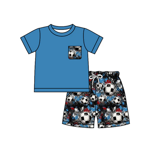 4.25 Preorder moq 5 Baby Boys Hot Blue Short Sleeves Pocket Top Footballs Short Set