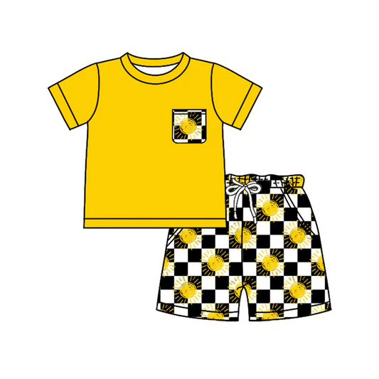 4.25 Preorder moq 5 Baby Boys Yellow Short Sleeves Pocket Top Black Plaid Suns Short Set
