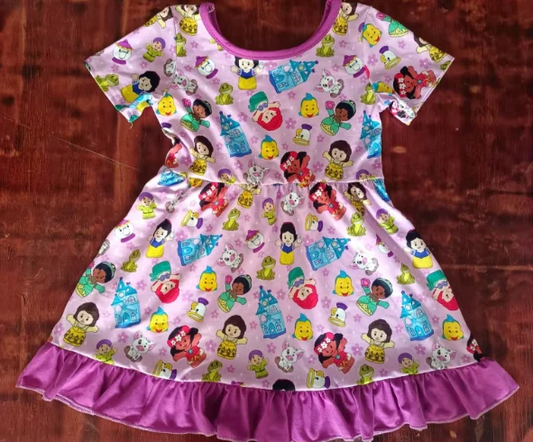 4.26 Preorder moq 5 Baby Girls Pink Short Sleeves Cartoon Dolls Knee Length Dress