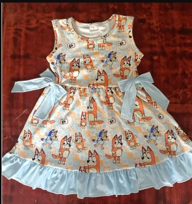 4.26 Preorder moq 5 Baby Girls Sleeveless Cartoon Dogs Bows Knee Length Dress