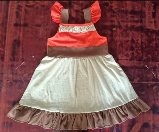 4.26 Preorder moq 5 Baby Girls Flutter Sleeves Brown Red Patchwork Knee Length Dress