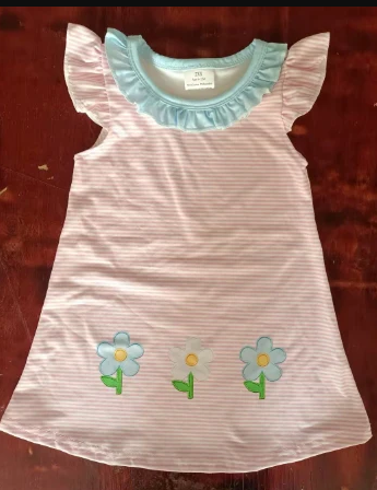 4.26 Preorder moq 5 Baby Girls Peach Stripe Flutter Sleeves Flowers Knee Length Dress