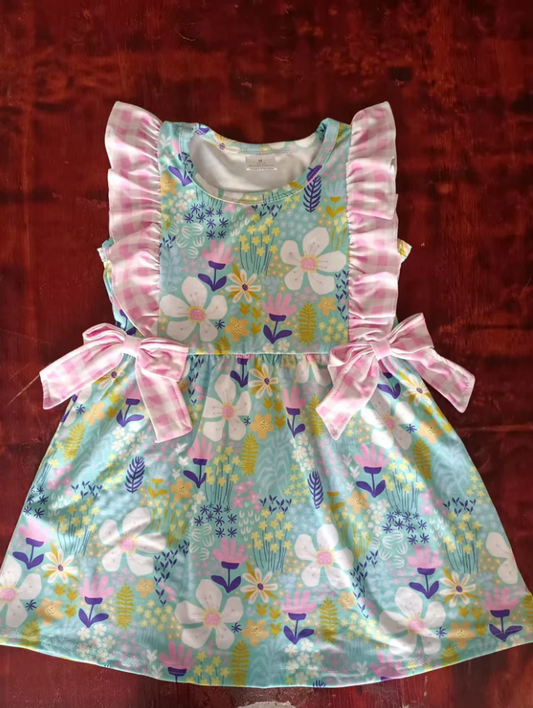 4.26 Preorder moq 5 Baby Girls Sleeveless Colorful Floral Pink Plaid Bows Knee Length Dress