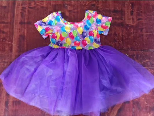 4.26 Preorder moq 5 Baby Girls Short Sleeves Colorful Balloons Purple Tulle Knee Length Dress