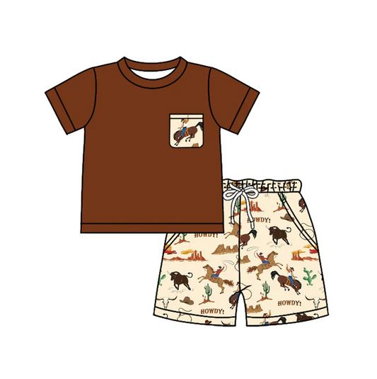 4.26 Preorder moq 5 Baby Boys Dark Brown Short Sleeves Pocket Top Horse Rodeos Bulls Short Set