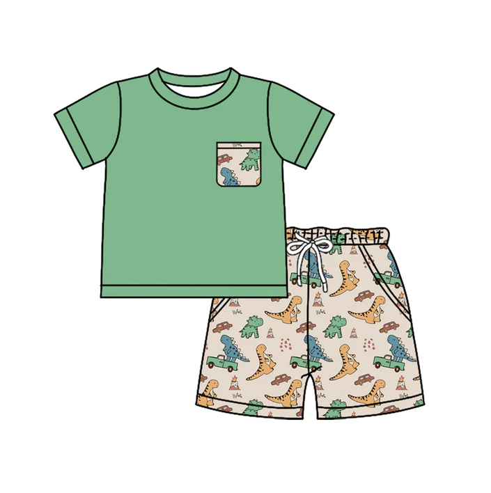 4.26 Preorder moq 5 Baby Boys Green Short Sleeves Pocket Top Colorful Dinosaurs Short Set