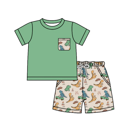4.26 Preorder moq 5 Baby Boys Green Short Sleeves Pocket Top Colorful Dinosaurs Short Set