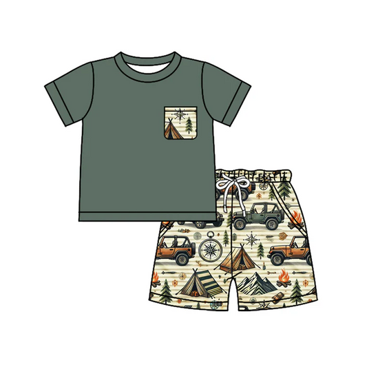 4.26Preorder moq 5 Baby Boys Dark Green Short Sleeves Pocket Top Trucks Mountains Short Set