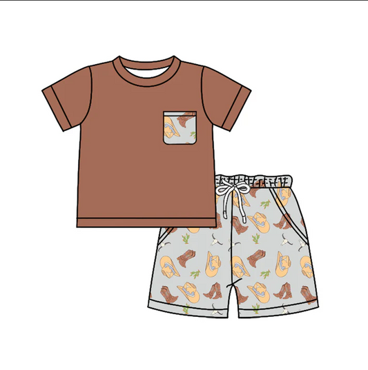 4.26 Preorder moq 5 Baby Boys Dark Brown Short Sleeves Pocket Top Hats Boots Short Set