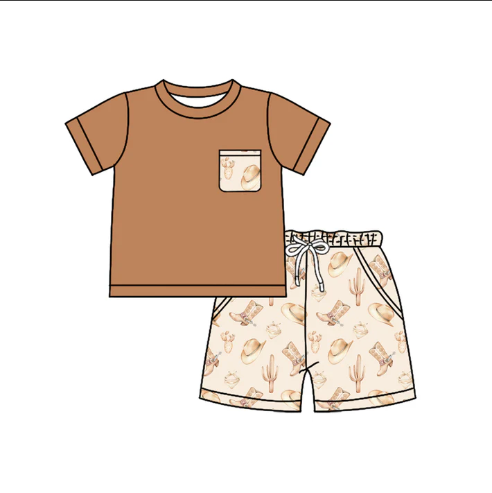 4.26 Preorder moq 5 Baby Boys Brown Short Sleeves Pocket Top Hats Boots Short Set