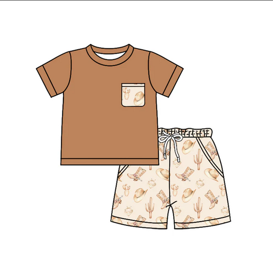 4.26 Preorder moq 5 Baby Boys Brown Short Sleeves Pocket Top Hats Boots Short Set