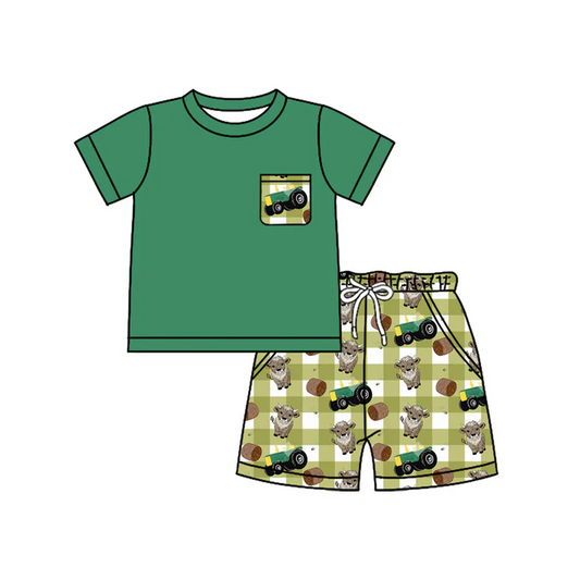 4.26 Preorder moq 5 Baby Boys Green Short Sleeves Pocket Top Trucks Cows Short Set