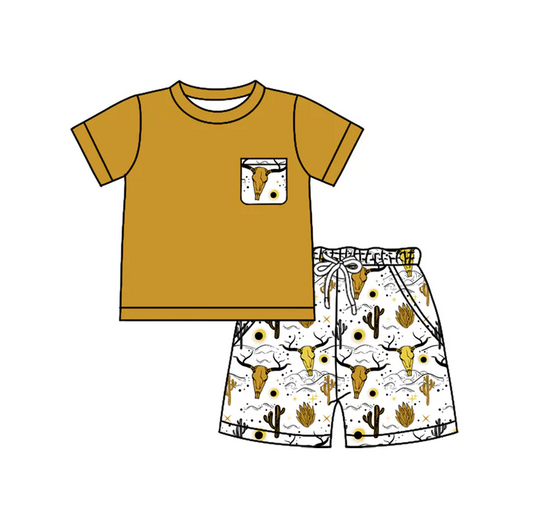 4.26 Preorder moq 5 Baby Boys Khaki Short Sleeves Pocket Top Bull Skull Cactus Short Set